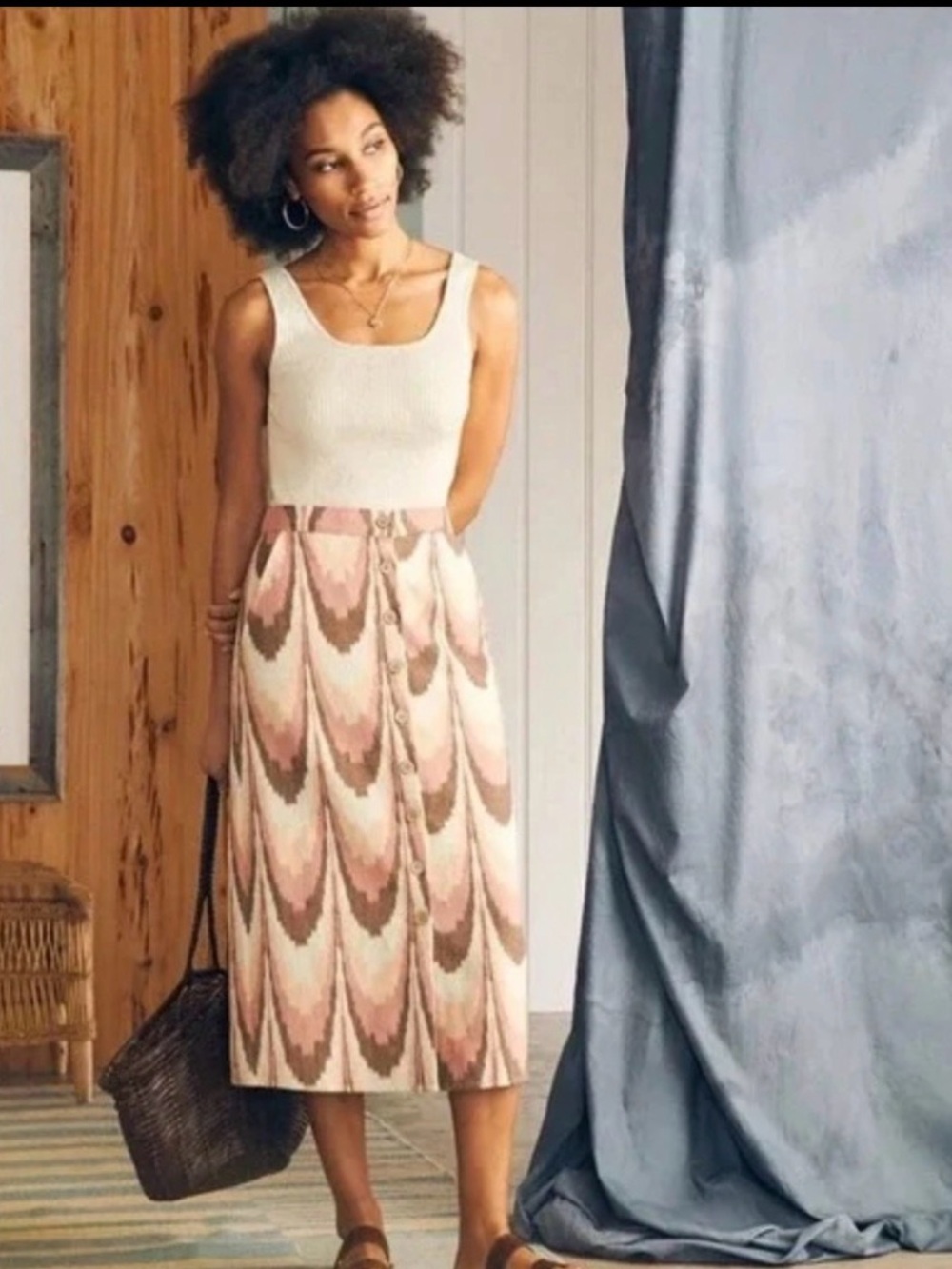 Faherty Pink Cream and Brown Patterned Midi Skirt